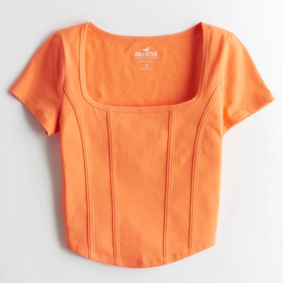 NWT Hollister Orange Seamed Curved-hem Tee - Picture 1 of 4